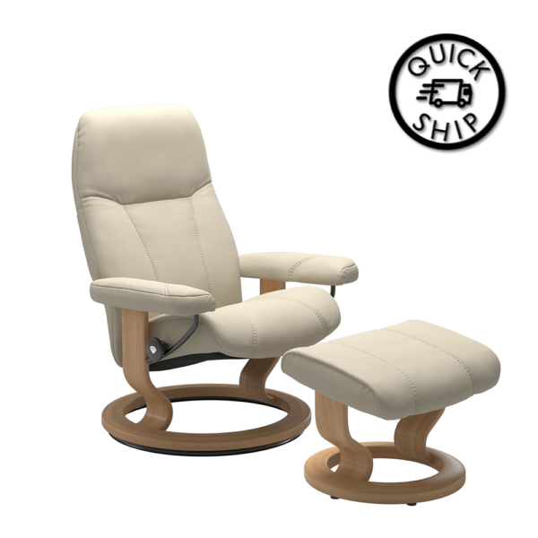 Consul Small Classic Chair with Footstool - Batick Cream with Oak