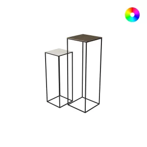 Chelsea Pair of Pedestal Tables - Black Frame, Brass Cast Top, Pebble Colour Shelf