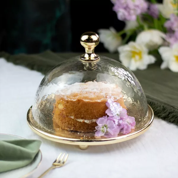Small Gold Cake Plate with Hammered Glass Dome