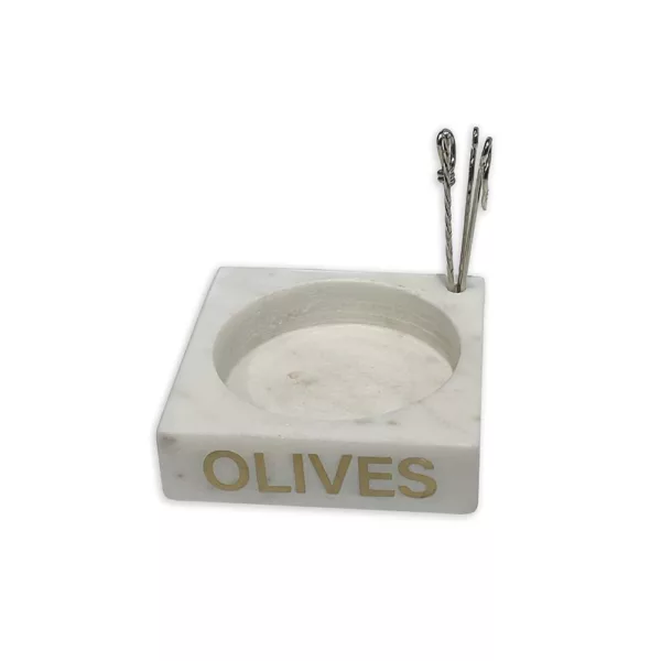 Olives Marble Olive Dish with Set of Four Picks
