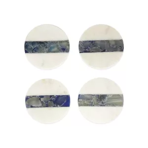 Set of Four White Marble & Blue Agate Coasters