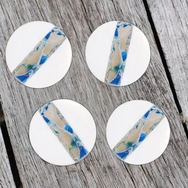 Set of Four White Marble & Blue Agate Coasters