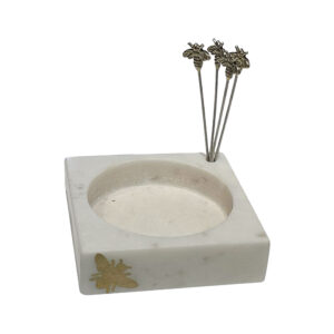 Bee Olives Marble Olive Dish with Set of Four Picks